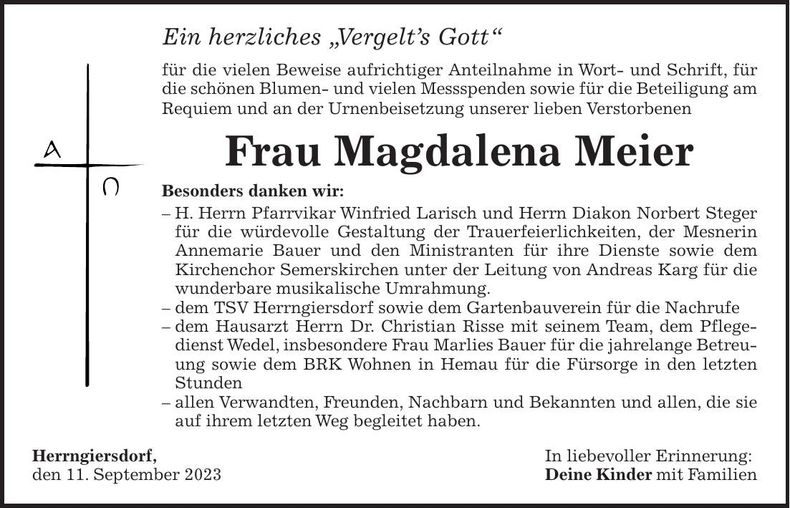 Traueranzeige Magdalena Meier