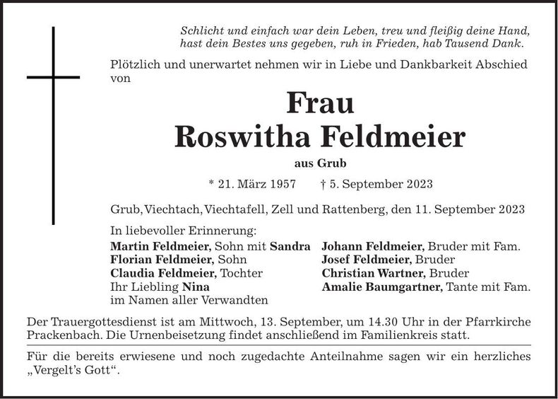 Traueranzeige Roswitha Feldmeier