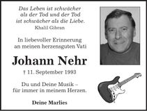 Traueranzeige Johann Nehr