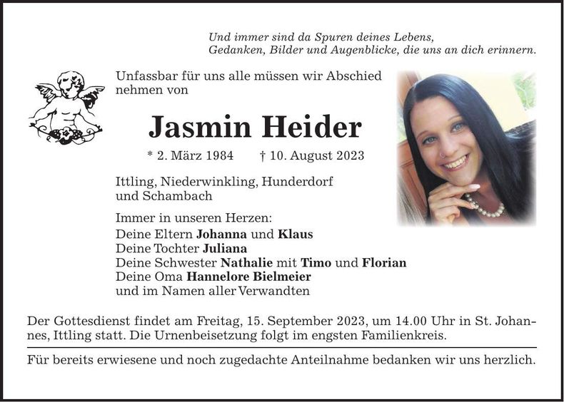 Traueranzeige Jasmin Heider