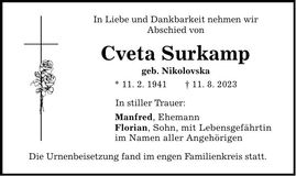 Traueranzeige Cveta Surkamp
