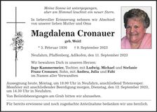 Traueranzeige Magdalena Cronauer