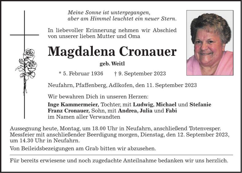 Traueranzeige Magdalena Cronauer