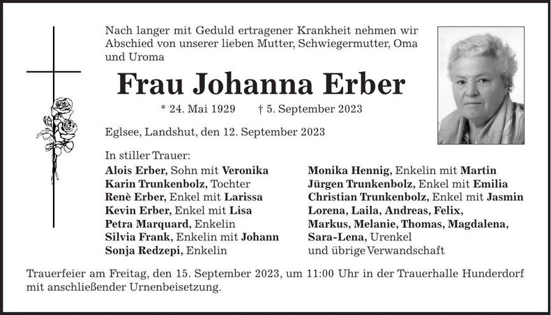 Traueranzeige Johanna Erber