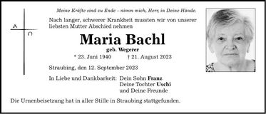 Traueranzeige Maria Bachl