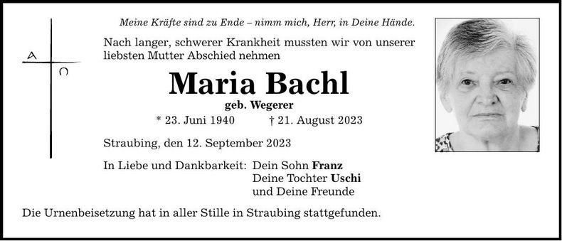 Traueranzeige Maria Bachl