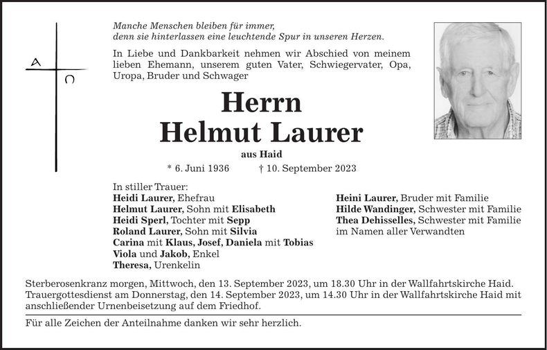 Traueranzeige Helmut Laurer