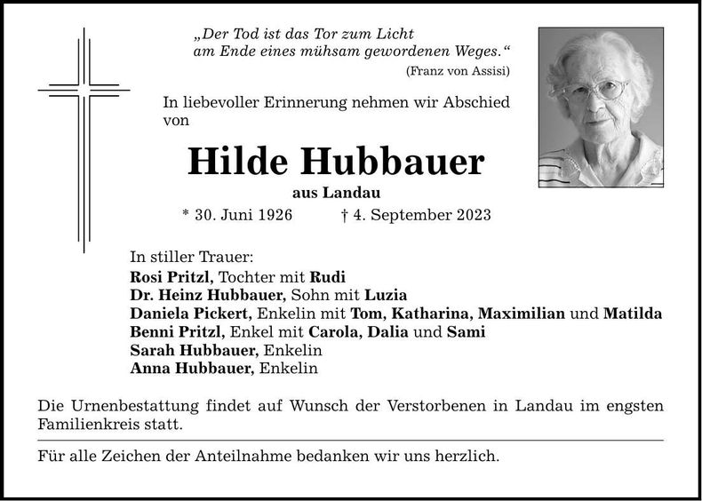 Traueranzeige Hilde Hubbauer