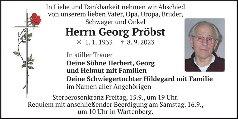 Traueranzeige Herbert Pröbst