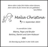 Traueranzeige Malia Christina Hubauer