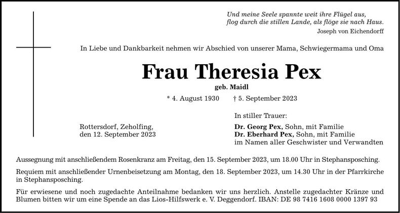 Traueranzeige Theresia Pex