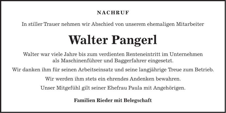 Traueranzeige Walter Pangerl