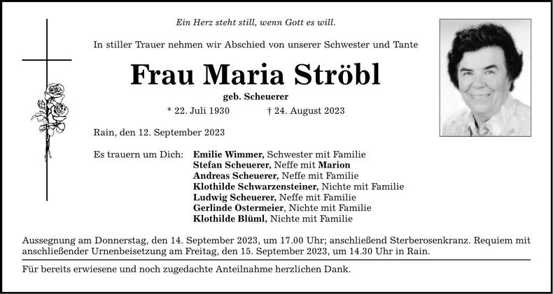 Traueranzeige Maria Ströbl