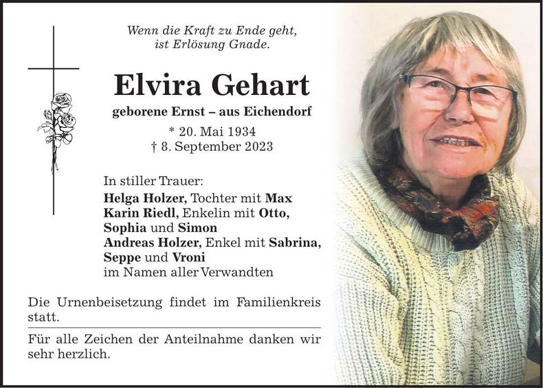 Traueranzeige Elvira Gehart