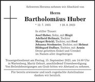 Traueranzeige Bartholomäus Huber