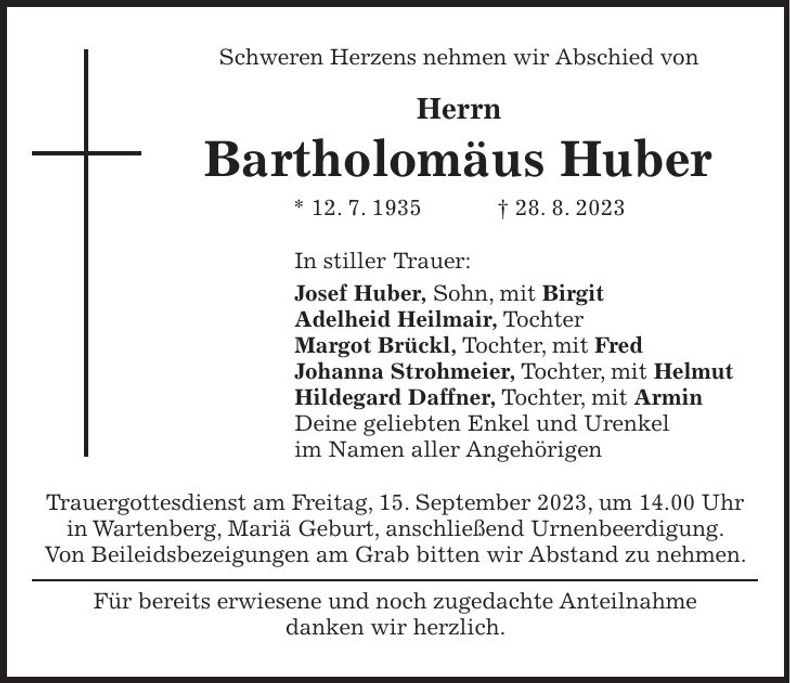 Traueranzeige Bartholomäus Huber