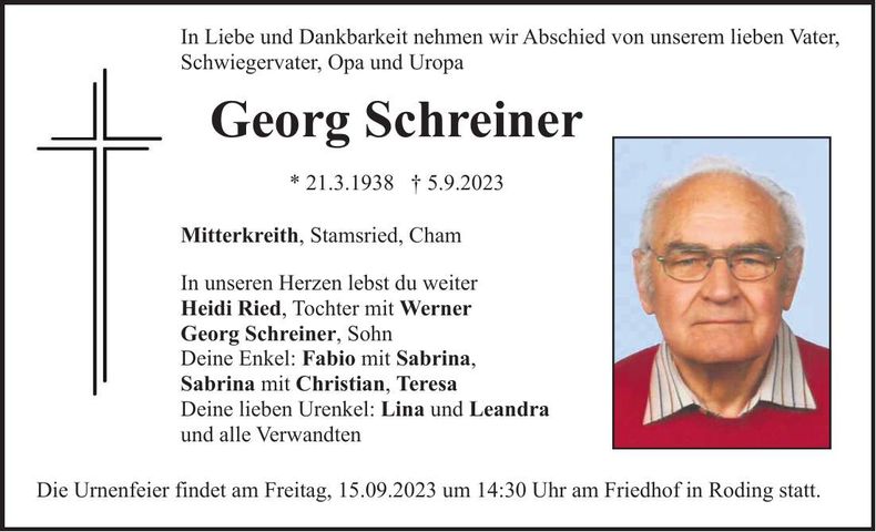Traueranzeige Georg Schreiner
