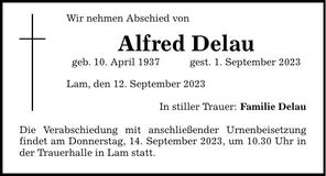 Traueranzeige Alfred Delau