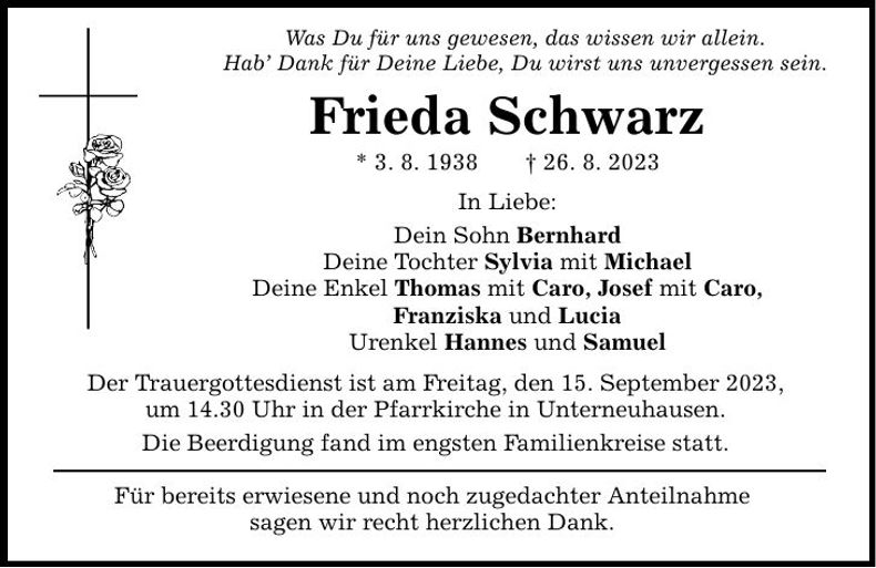 Traueranzeige Frieda Schwarz