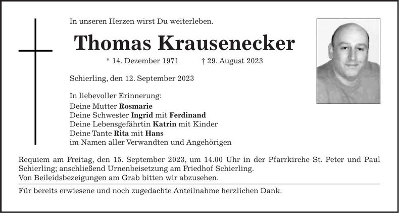Traueranzeige Thomas Krausenecker