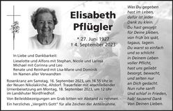 Traueranzeige Elisabeht Pflügler