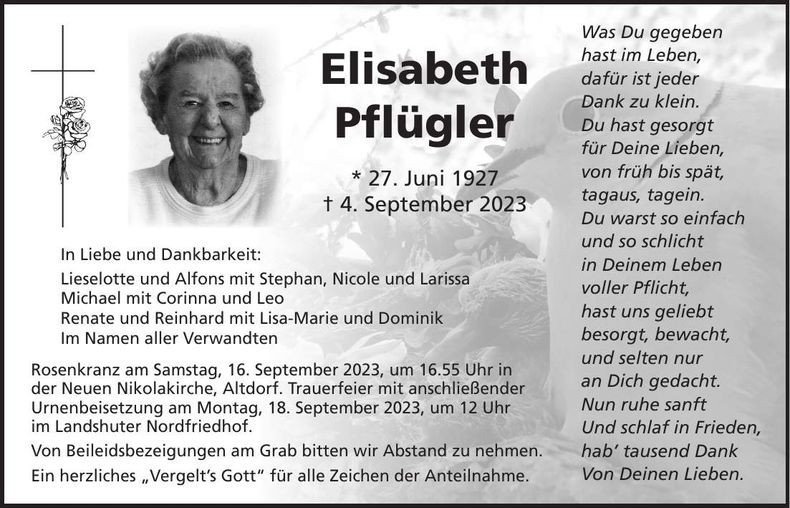 Traueranzeige Elisabeht Pflügler