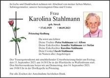 Traueranzeige Karolina Stahlmann