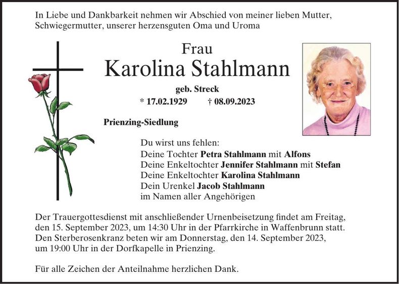 Traueranzeige Karolina Stahlmann