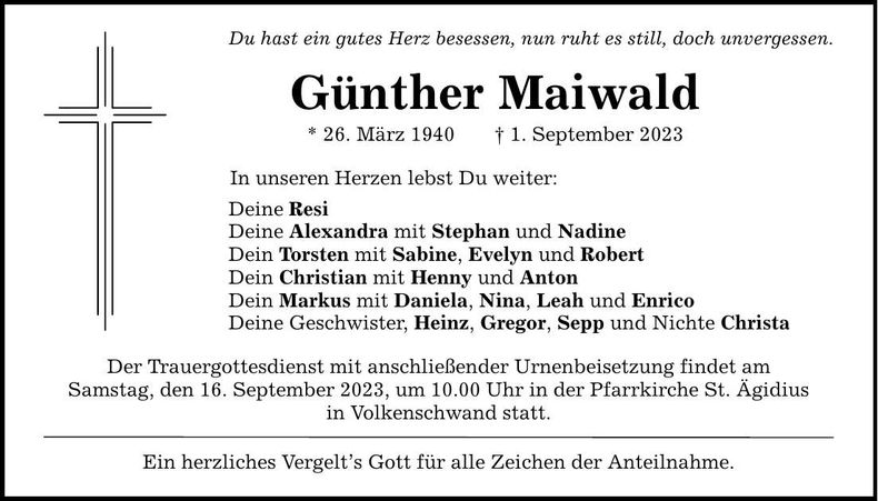 Traueranzeige Günther Maiwald
