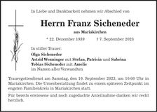Traueranzeige Franz Sicheneder