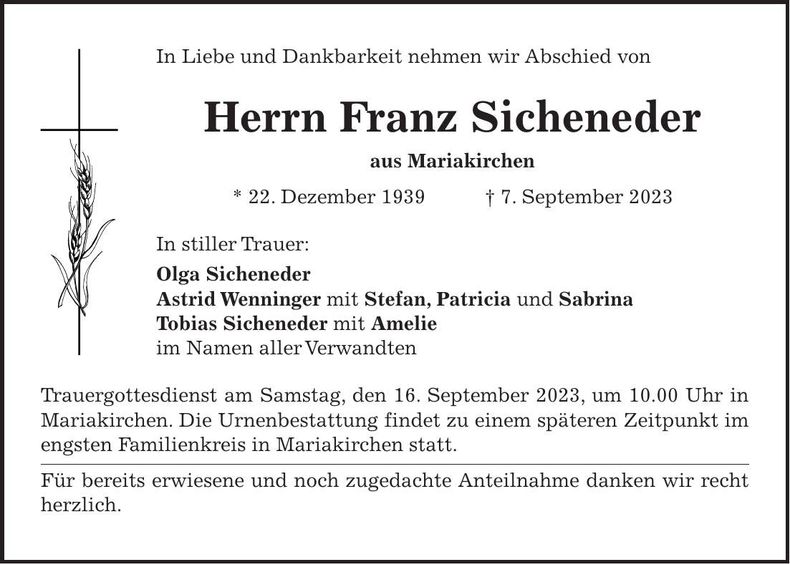 Traueranzeige Franz Sicheneder