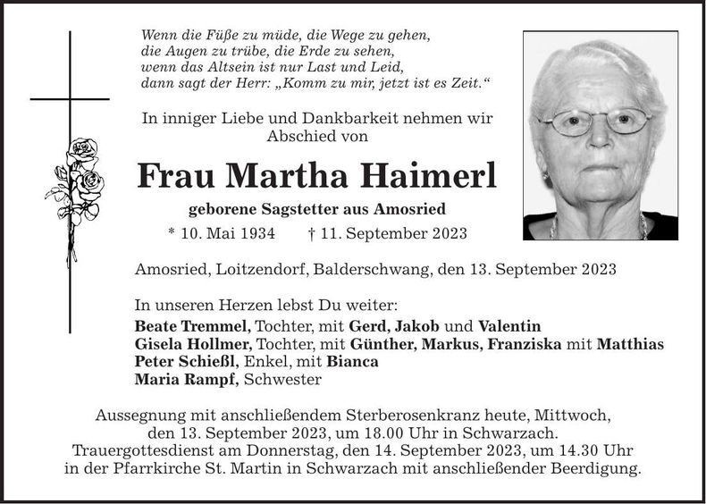 Traueranzeige Martha Haimerl