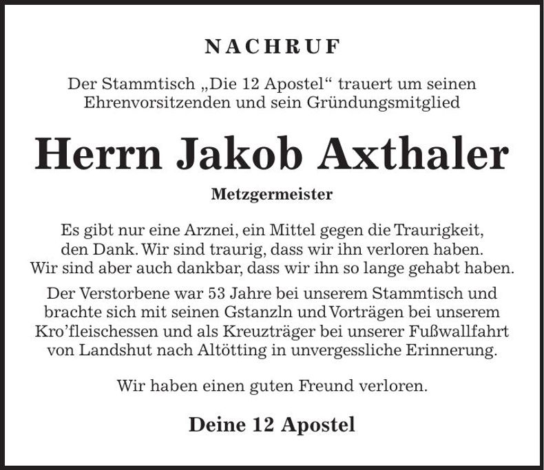 Traueranzeige Jakob Axthaler