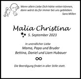 Traueranzeige Malia Christina Hubauer
