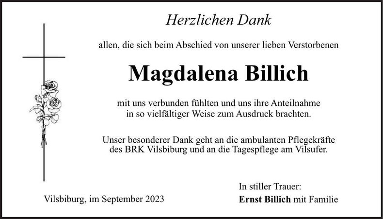 Traueranzeige Magdalena Billich
