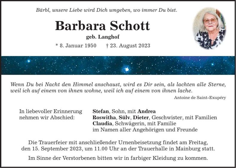 Traueranzeige Barbara Schott