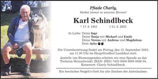 Traueranzeige Karl Schindlbeck
