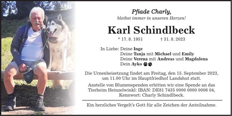 Traueranzeige Karl Schindlbeck