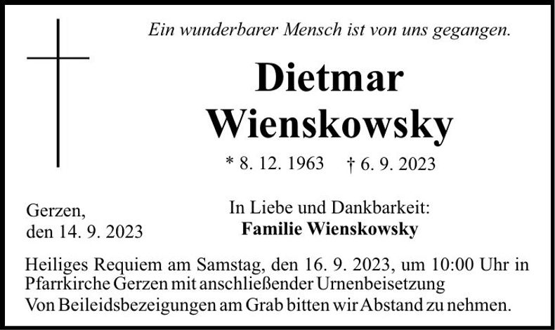 Traueranzeige Dietmar Wienskowsky
