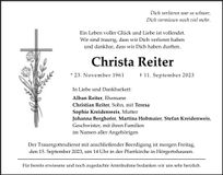 Traueranzeige Christa Reiter