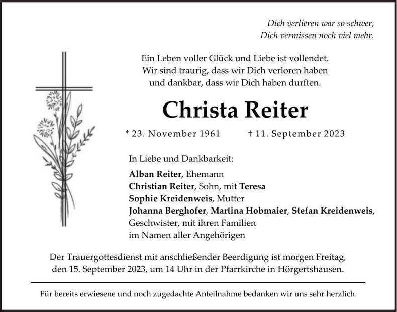 Traueranzeige Christa Reiter