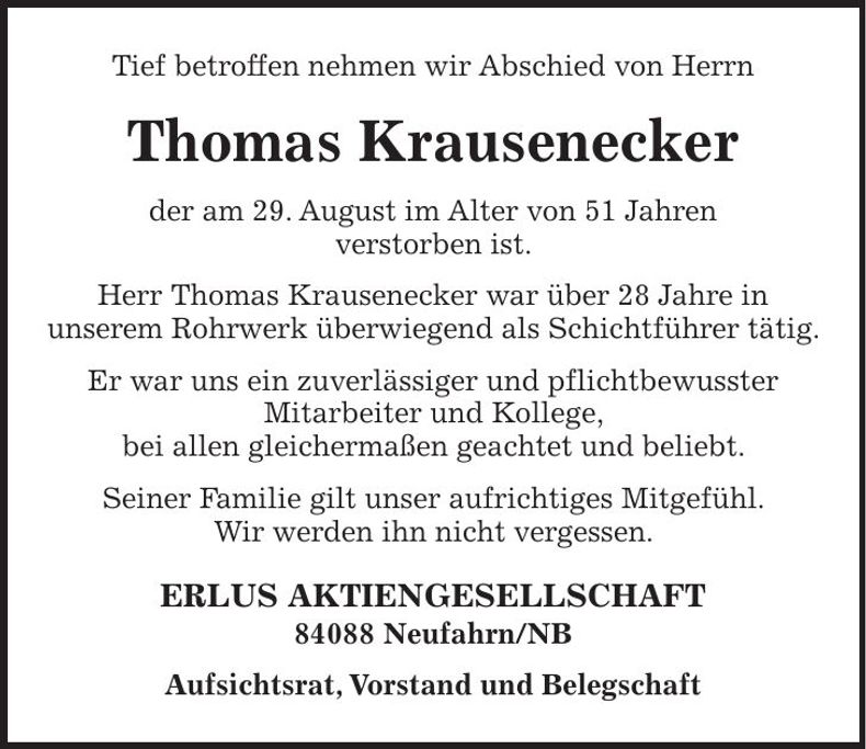 Traueranzeige Thomas Krausenecker