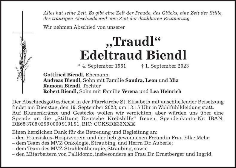 Traueranzeige Edeltraud Biendl