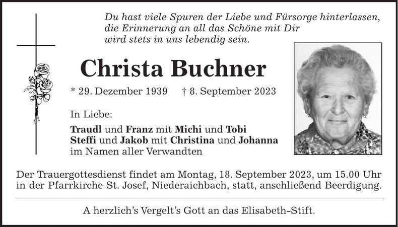 Traueranzeige Christa Buchner