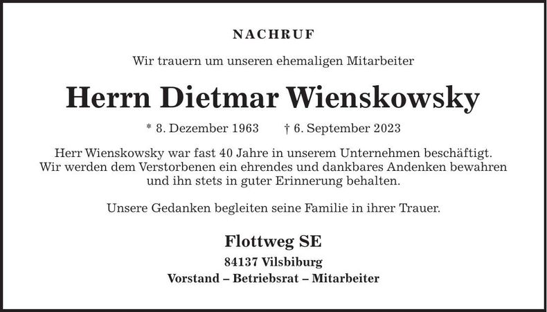 Traueranzeige Dietmar Wienskowsky
