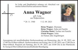 Traueranzeige Anna Wagner