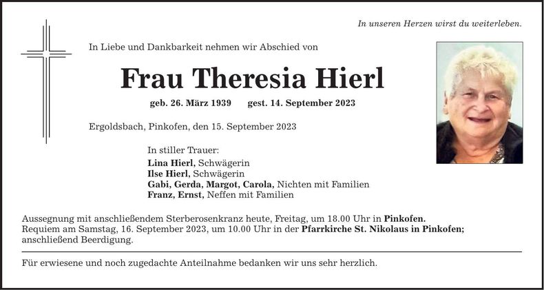 Traueranzeige Theresia Hierl