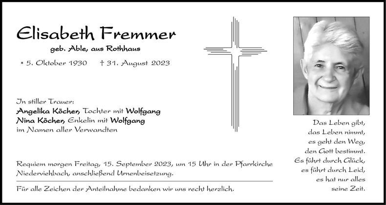 Traueranzeige Elisabeth Fremmer