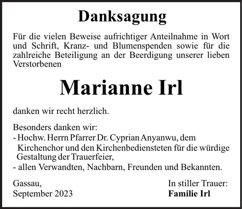 Traueranzeige Maria Irl