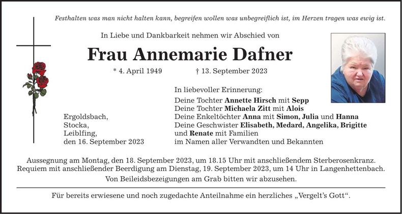 Traueranzeige Annemarie Dafner